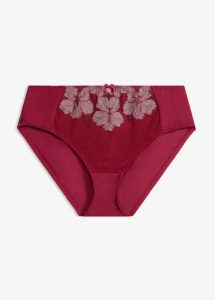 Figi maxi ze szlachetnym haftem. Fioletowe figi bonprix, bez wzorów. Za 34,99 zł.