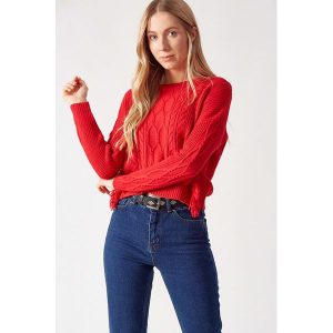 Sweter w kolorze czerwonym. Czerwone długie swetry marki Robin, z okrągłym kołnierzem. W wyprzedaży za 189,95 zł.