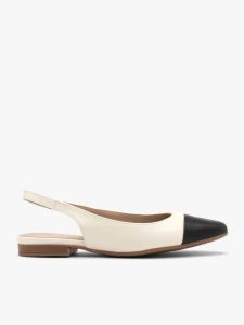 Kremowo czarne baleriny typu slingback. Brązowe balerinki Brawo sp. z o.o., bez wzorów, z gumy, z okrągłym noskiem, bez obcasa, na płaskiej podeszwie, bez zapięcia. Za 329,99 zł.