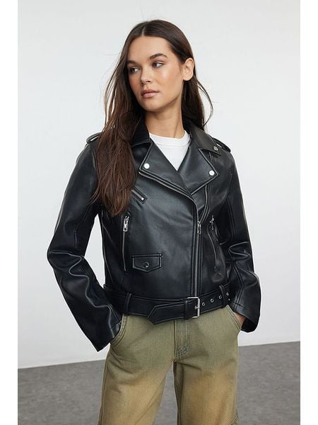 Trendyol Kurtka przejściowa w kolorze czarnym rozmiar: XL. Czarne kurtki Trendyol, xl, bez wzorów, ze skóry, bez kaptura. Za 166,10 zł.