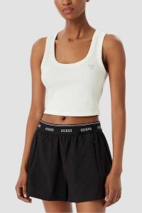 GUESS Biały krótki damski tank top Silvy Rib, Rozmiar M. Białe topy Guess, m, z aplikacjami, z materiału, eleganckie, bez kołnierzyka, bez ramiączek. Za 189,99 zł.