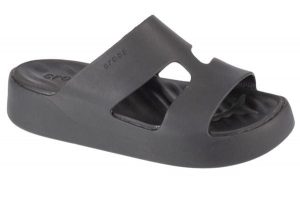 Klapki damskie Crocs 209409001. Czarne klapki Crocs, bez wzorów, z materiału, z otwartym noskiem, bez obcasa, na platformie. Za 195,50 zł.