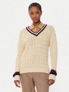 Tommy Hilfiger Sweter Varsity WW0WW43972 Beżowy Regular Fit. Brązowe swetry klasyczne TOMMY HILFIGER, l, z bawełny, bez kołnierzyka. Za 419,99 zł.