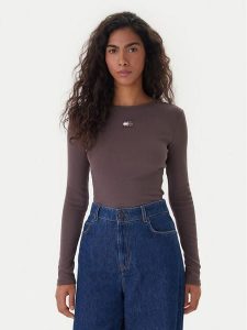 Tommy Jeans Bluzka DW0DW20178 Brązowy Slim Fit. Brązowe bluzki Tommy Jeans, xs, bez wzorów, z bawełny, bez kołnierzyka, bez ramiączek. Za 189,99 zł.