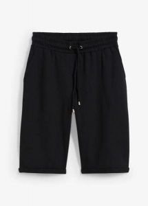 Bermudy dresowe z wywijanymi nogawkami. Czarne spodnie dresowe bonprix, bez wzorów, z dresówki. Za 64,99 zł.