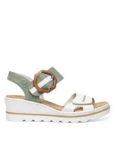 Rieker Sandały 67476-81 Zielony. Zielone sandały Rieker, bez wzorów, z syntetyku, bez obcasa, na koturnie, bez zapięcia. Za 299,99 zł.