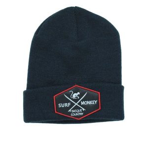 Czapka beanie – haftowane logo / organiczna / rozmiar uniwersalny (granatowy). Niebieskie czapki SURF MONKEY, z aplikacjami, z bawełny. Za 119,95 zł.
