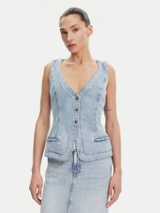 Guess Kamizelka W5GN89 D5B96 Niebieski Regular Fit. Niebieskie kamizelki Guess, xs, z aplikacjami, z jeansu, bez kołnierzyka, bez ramiączek, bez kaptura. Za 359,99 zł.