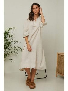 Joséfine Lniana sukienka "Granael" w kolorze beżowym rozmiar: S. Brązowe sukienki Joséfine, na co dzień, s, bez wzorów, ze lnu, bez kołnierzyka, bez ramiączek, midi, proste. Za 195,99 zł.