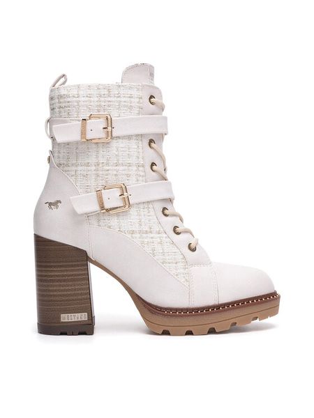 Mustang Trzewiki 1505-501 Biały. Białe botki Mustang, bez wzorów, z materiału, bez obcasa, na słupku, bez zapięcia. Za 399,99 zł.