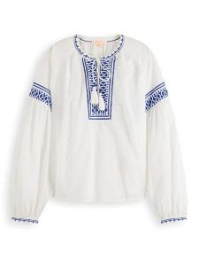 Scotch & Soda Bluzka w kolorze biało-niebieskim rozmiar: 34. Białe bluzki Scotch & Soda, bez wzorów, z bawełny, bez kołnierzyka, bez ramiączek. Za 118,56 zł.