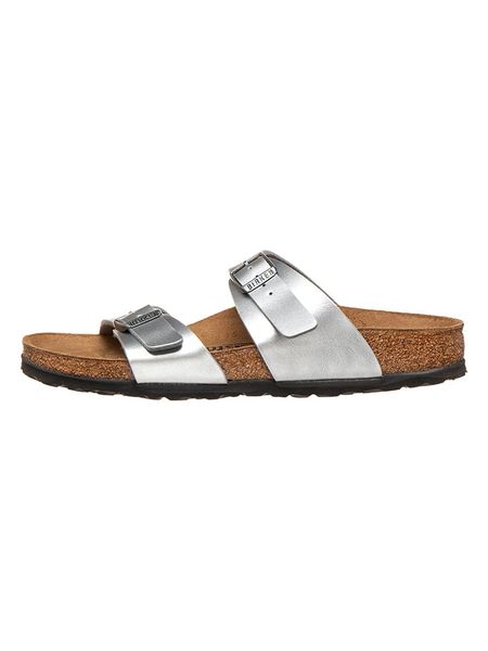 Birkenstock Klapki "Sydney" w kolorze srebrnym rozmiar: 35. Szare klapki Birkenstock, bez wzorów, z otwartym noskiem, bez obcasa. Za 209,45 zł.