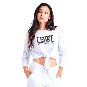 Luksusowa damska bluza wiązana z okrągłym dekoltem. Białe bluzy LEONE 1947 APPAREL, l, bez wzorów, z tkaniny, bez kaptura. Za 136,83 zł.