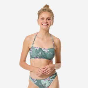 Góra kostiumu kąpielowego surfingowego damska Decathlon Laura Numea. Brązowe bikini DECATHLON, bez wzorów, z elastanu. Za 59,99 zł.