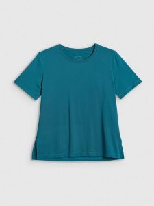 4F Koszulka treningowa loose szybkoschnąca damska - turkusowa L. Niebieskie bluzki 4f, l, bez wzorów, bez kołnierzyka, bez ramiączek. Za 79,99 zł.