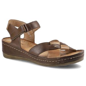 Brązowe Sandały Wasak Wygodne Damskie Buty Letnie. Brązowe sandały Wasak, bez wzorów, ze skóry, bez obcasa, na koturnie, bez zapięcia. Za 279,00 zł.