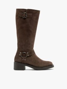 Brązowe kozaki biker boots ze skóry welurowej. Brązowe kozaki Brawo sp. z o.o., bez wzorów, ze skóry, bez obcasa, bez zapięcia. Za 699,99 zł.