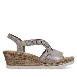 Sandały Rieker. Szare sandały Rieker, bez wzorów, bez obcasa, na koturnie, bez zapięcia. Za 299,99 zł.