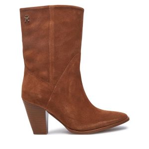 Botki Tommy Hilfiger. Brązowe botki TOMMY HILFIGER, bez wzorów, bez obcasa, na słupku, bez zapięcia. Za 579,99 zł.