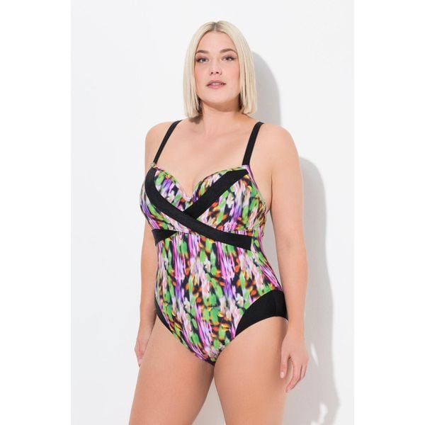 Damski Strój kąpielowy miękkie miseczki z fiszbinami kopertowy styl. Czarne stroje jednoczęściowe Ulla Popken, bez wzorów, z elastanu. Za 294,99 zł.