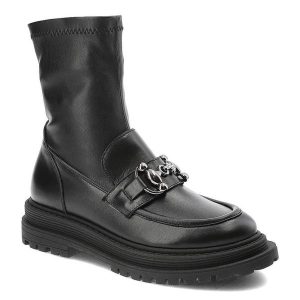 Czarne Botki Chebello Modne Skórzane Buty Damskie. Czarne botki CheBello, bez wzorów, z materiału, bez obcasa, na obcasie, bez zapięcia. Za 499,00 zł.