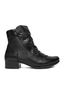 Rieker Botki CEO-78659-00 Czarny. Czarne botki Rieker, bez wzorów, ze skóry, bez obcasa, na słupku, bez zapięcia. Za 399,99 zł.