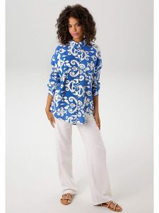 Aniston Bluzka w kolorze niebiesko-białym rozmiar: 38. Niebieskie bluzki Aniston, bez wzorów, z wiskozy, retro, bez kołnierzyka, bez ramiączek. Za 61,31 zł.