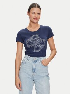 Guess T-Shirt W4YI37 J1314 Niebieski Regular Fit. Niebieskie t-shirty Guess, xs, z aplikacjami, z bawełny, bez kołnierzyka, bez ramiączek. Za 229,99 zł.