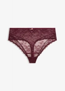 Stringi z wysokim stanem. Fioletowe stringi bonprix, bez wzorów, z koronki. Za 59,99 zł.