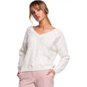 Lekki sweter damski ażurowy z dekoltem V splot w warkocz kremowy. Białe swetry klasyczne Polskie swetry, l, z dzianiny, bez kołnierzyka. Za 245,00 zł.