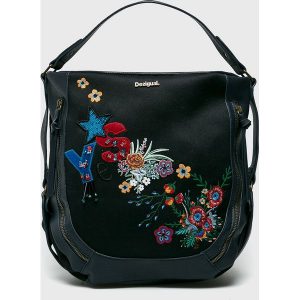 Desigual - Torebka. Czarne torebki klasyczne marki Desigual, z haftami, z materiału. W wyprzedaży za 279,90 zł.