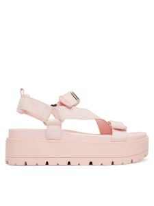 Guess Sandały FLJFTT DEN03 Różowy jasny. Czerwone sandały Guess, z aplikacjami, z materiału, bez obcasa, na płaskiej podeszwie, bez zapięcia. Za 549,99 zł.