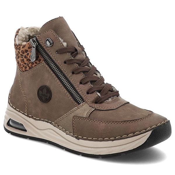 Brązowe Botki Rieker Solidne Ocieplane Buty Damskie. Brązowe botki Rieker, bez wzorów, z materiału, bez obcasa, bez zapięcia. Za 399,00 zł.