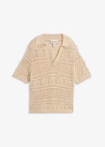 Sweter ażurowy z kołnierzykiem polo, z domieszką bawełny. Brązowe swetry klasyczne bonprix, z bawełny, bez kołnierzyka. Za 54,99 zł.