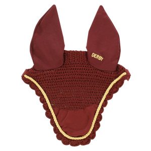 Czapka na muchy dla konia z sznurkiem Derby. Brązowe czapki DERBY, bez wzorów, z materiału, eleganckie. Za 37,90 zł.