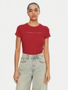 Tommy Jeans T-Shirt Linear DW0DW18398 Czerwony Slim Fit. Czerwone t-shirty Tommy Jeans, l, bez wzorów, z bawełny, bez kołnierzyka, bez ramiączek. Za 99,99 zł.