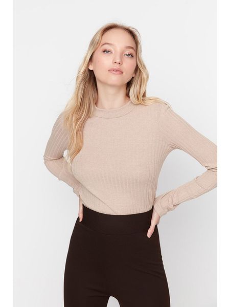 Trendyol Koszulka w kolorze beżowym rozmiar: XL. Brązowe bluzki Trendyol, xl, bez wzorów, z bawełny, bez kołnierzyka, bez ramiączek. Za 19,72 zł.