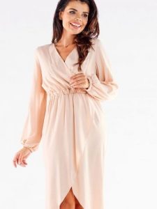 Sukienka Model A523 Beige - awama. Brązowe sukienki Awama, na komunię, l, bez wzorów, z elastanu, bez kołnierzyka, bez ramiączek. Za 345,43 zł.