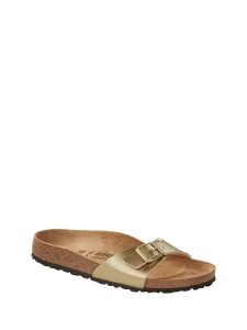 Birkenstock Klapki "Madrid" w kolorze złotym rozmiar: 41. Żółte klapki Birkenstock, bez wzorów, z otwartym noskiem, bez obcasa. Za 241,56 zł.