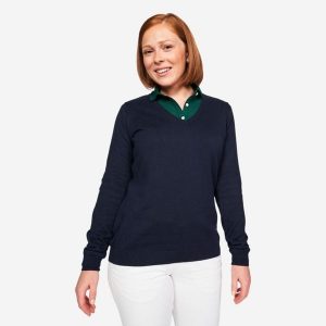 Sweter do golfa damski MW 100 dekolt w serek. Niebieskie golfy INESIS, bez wzorów, z bawełny. Za 69,99 zł.