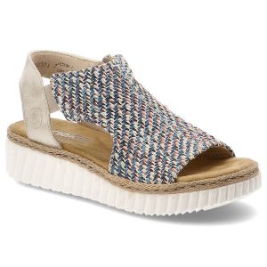 Sandały damskie Rieker, cholewka z materiału tekstylnego wsuwany fason na platformie, kolorowe, 69284-90. Sandały Rieker, bez wzorów, bez obcasa, na platformie, bez zapięcia. Za 329,00 zł.