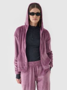 4F Bluza dresowa z weluru rozpinana z kapturem damska - różowa XS. Czerwone bluzy 4f, xs, bez wzorów, z dresówki, z kapturem. W wyprzedaży za 79,99 zł.