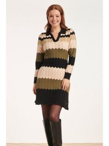 Smashed Lemon Sukienka dzianinowa w kolorze czarno-beżowo-jasnobrązowym rozmiar: S. Brązowe sukienki Smashed Lemon, na co dzień, s, bez wzorów, z dzianiny, bez kołnierzyka, bez ramiączek, midi, proste. Za 126,99 zł.