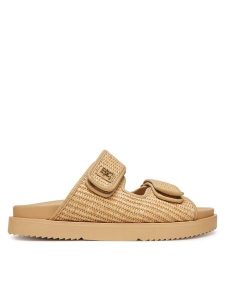 Tommy Hilfiger Klapki Double Strap Raffia FW0FW08940 Beżowy. Brązowe klapki TOMMY HILFIGER, bez wzorów, z tworzywa sztucznego, bez obcasa. Za 299,99 zł.