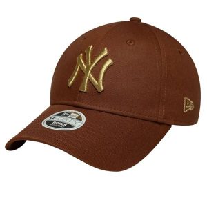 Czapka z daszkiem damska Wmns Metallic Logo 9FORTY New York Yankees Cap. Brązowe czapki New Era, bez wzorów, z bawełny, sportowe. Za 119,99 zł.