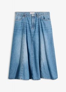 Spódnica jeansowa z lekkiego denimu, z regulowanym pasem. Niebieskie spódnice bonprix, bez wzorów, z denimu, midi. Za 149,99 zł.