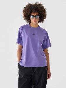 4F T-shirt oversize z nadrukiem damski - fioletowy L. Fioletowe t-shirty 4f, l, bez wzorów, z bawełny, bez kołnierzyka, bez ramiączek. W wyprzedaży za 29,99 zł.