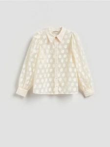 Koszula w grochy - kremowy. Białe koszule Reserved, l, bez wzorów, z tkaniny, bez kołnierzyka, bez ramiączek. Za 159,99 zł.