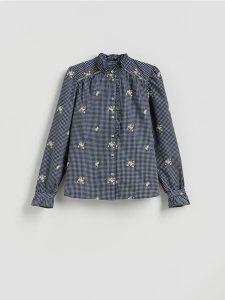 Koszula z haftem - granatowy. Niebieskie koszule Reserved, l, bez wzorów, z bawełny, bez kołnierzyka, bez ramiączek. Za 159,99 zł.