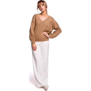 Sweter z Dekoltem w Serek - Beżowy. Brązowe swetry klasyczne MOE, l, z materiału, bez kołnierzyka. Za 209,90 zł.